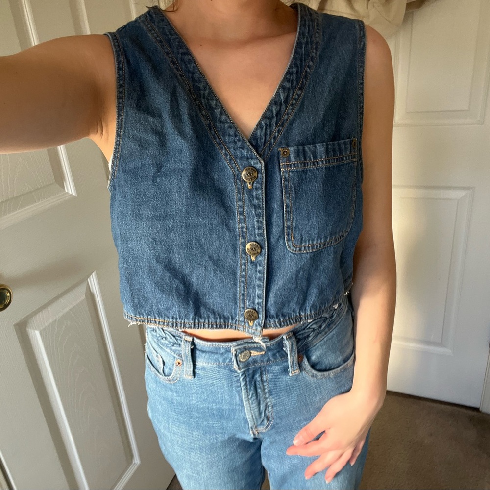 Cropped Denim Sleeveless Button-Up Top